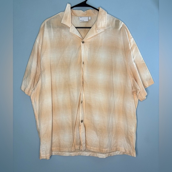 ASOS Men's Button Up Shirt Peach & White Checkered Casual linen blend Size Large - Picture 1 of 4